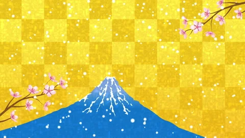 Growing two twig and blooming sakura flowers animation, Mt. Fuji, snowfall Stock Footage 167403462
