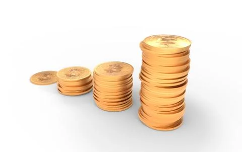 Growing value concept - four growing coin piles. 3D render Illustrazione stock