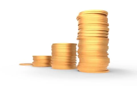 Growing value concept - four growing coin piles. 3D render Stock Illustration