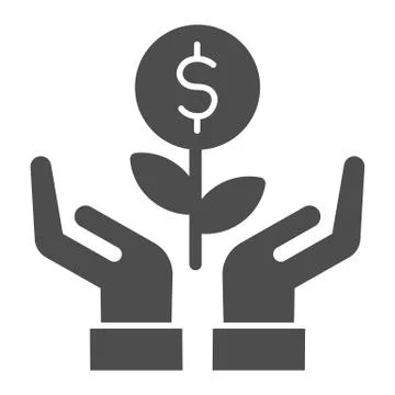 Grows plant in care hands solid icon. Money holding flower symbol, glyph style Stock Illustration