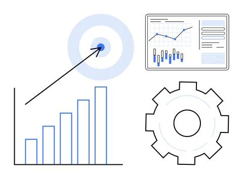 Growth and Analytics Graph Bars, Target, Gear, and Data on Display Panel Re.. Illustrazione stock