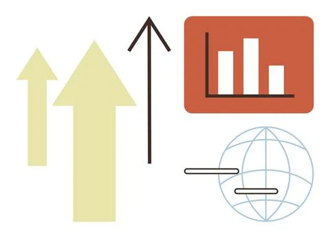 Growth and Global Data Trends Represented by Arrows, Bar Chart, and Globe Icon Stock Illustration