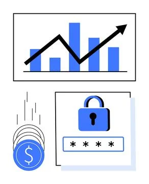 Growth and Security Concepts with Bar Graph, Falling Coins, and Lock with P.. Stock Illustration
