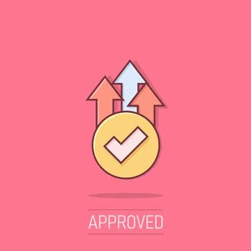 Growth arrow check icon in comic style. Revenue approval cartoon vector ill.. Stock Illustration