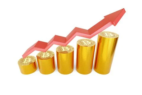 Growth bar chart with stacks of bitcoins. 3d illustration. イラスト素材