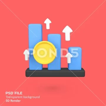 Growth chart, arrow increases with gold coins isolated 3d render icon illus.. PSD Template