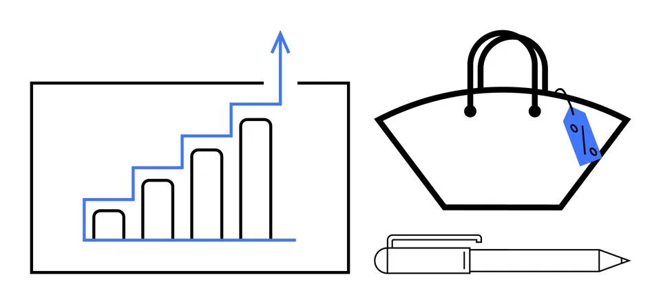 Growth Chart Bar Graph, Tote Bag with Price Tag, and Pen Representing Busin.. Stock Illustration