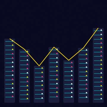 Growth chart bar graph with upward trend and colorful dots on dark background Stock Illustration