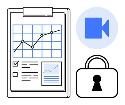 Growth chart on clipboard with checkboxes, video camera icon, and padlock sym Stock Illustration
