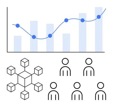 Growth chart with line graph and bars network of cubes, team of five people.  Ilustración de archivo