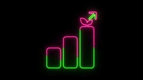 Growth Chart Neon Icon Animation with Arrow and Sprout on Black Background Stock Footage 343756648