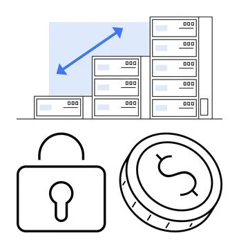Growth chart with upward arrow, stacked servers, padlock, and dollar coin r.. Stock Illustration