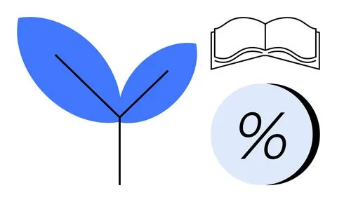 Growth Concept with Leaf, Open Book, and Percentage Symbol in Minimalist Desi Illustrazione stock