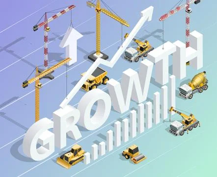 Growth concept with rising chart arrow and construction cranes building wor.. Stock Illustration