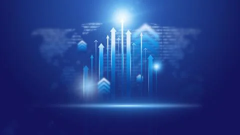 Growth in data trends shown through blue arrows on a digital background during Illustrazione stock