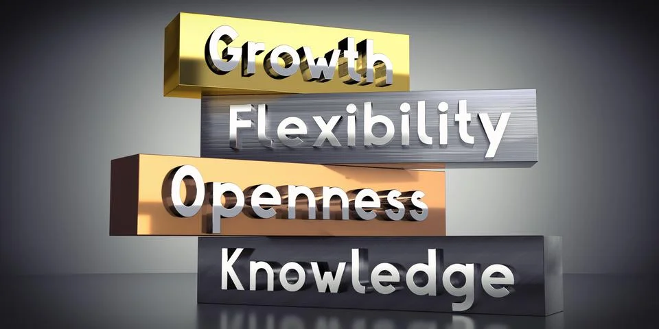 Growth, flexibility, openness, knowledge - words on metal blocks - 3D illus.. Illustrazione stock