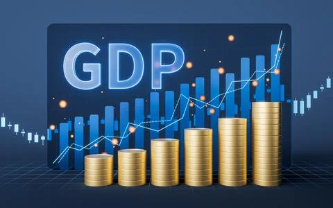 Growth of GDP with statistical graph, 3d rendering. Stock Illustration