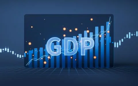 Growth of GDP with statistical graph, 3d rendering. Illustrazione stock
