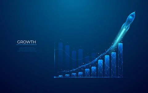 Growth graph chart with launch rocket on technology blue background. Stock Illustration