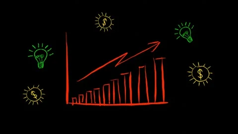 Growth graph with dollar symbol and light bulb on black background Stock Footage 302247407