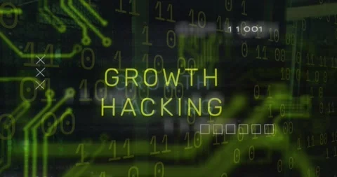 Growth hacking text and microprocessor connections against binary coding data Stock Footage 196888222