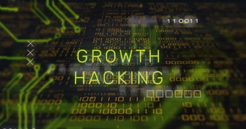 Growth hacking text animation over binary code and digital circuit background Stock Footage 304020520