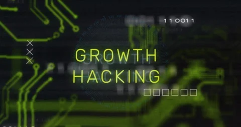 Growth hacking text animation over green circuit board graphics Video stock 305292599