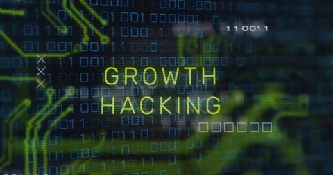 Growth hacking text animation over binary code and digital circuit background Stock Footage 305292623