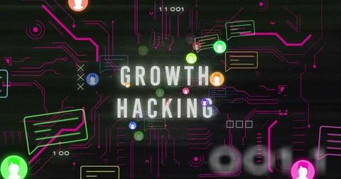 GROWTH HACKING text glowing on network, with neon circuits, avatars, chat Stock Photos