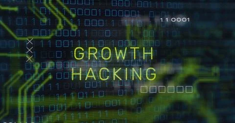 Growth hacking text image over binary code and digital circuit background 写真素材
