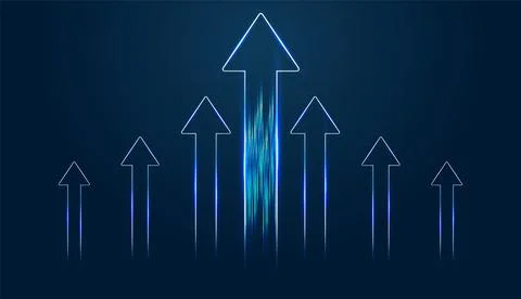 Growth is highlighted through these sleek, neon arrows that point up toward.. Ilustração Stock