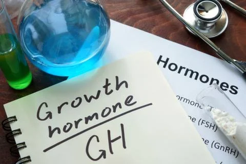 Growth hormone written on notebook. Test tubes and hormones list. Stock Photos