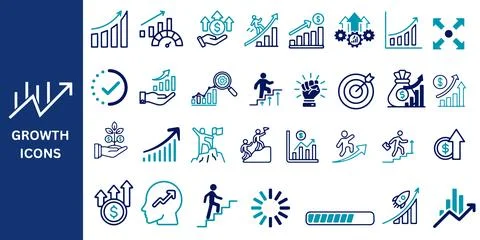Growth Icon Set. Grow, performance, increase, gain, improvement, chart. Stock Illustration