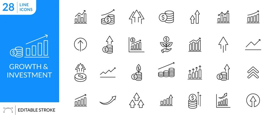Growth icon set vector editable stroke. Investment, gain, improvement Illustrazione stock