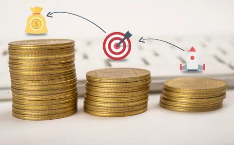 Growth icons on coin stack, future planning, business development concept Stock Photos