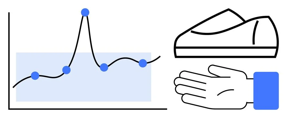 Growth line chart with data points, hand indicating giving or receiving, and  Stock Illustration
