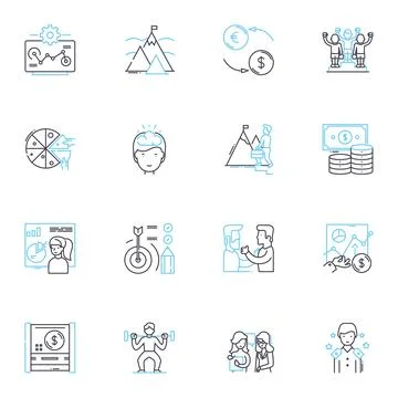 Growth metrics linear icons set. Analytics, Conversion, Acquisition, Retention Stock Illustration