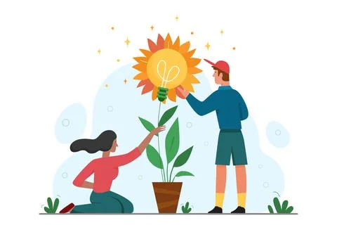 Growth process of light bulb plant, woman and man grow creative idea with 스톡 일러스트