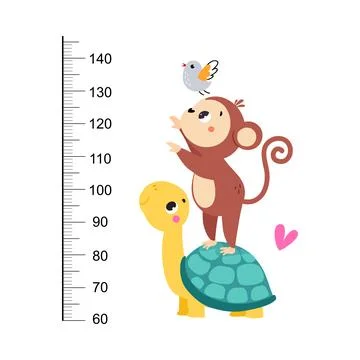 Growth Ruler with Cute Turtle and Monkey Animal at Kids Height Meter Vector Illustrazione stock