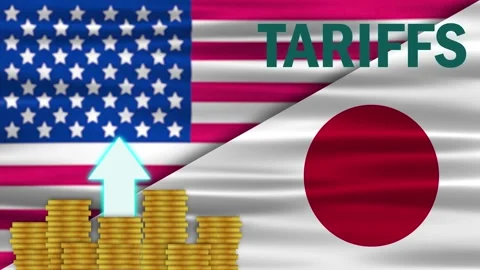 Growth sign on coin stack and tariffs word with japan and usa waving nation.. Stock Footage 310852669
