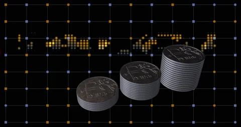 The growth of the value of the ruble. Columns of ruble coins and a graph of Stock Footage 176761107