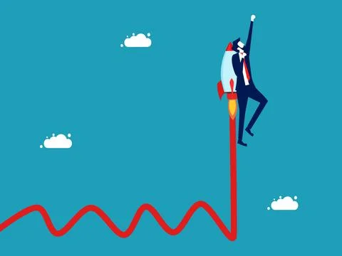Growth in volatile conditions. Optimization for growth. Businessman flying wi Stock Illustration