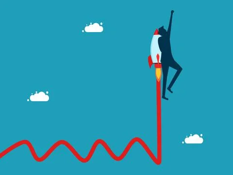 Growth in volatile conditions. Optimization for growth. man flying with rocke Stock Illustration