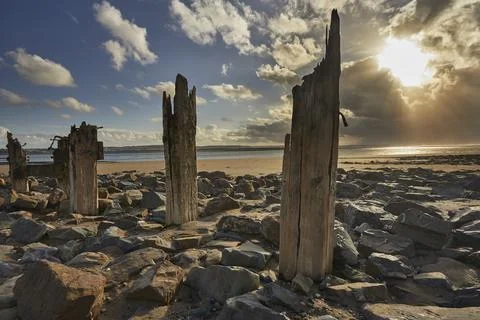 Groynes on the beach at Crow Point during sunset in Devon, Great Britain Stockfoto's