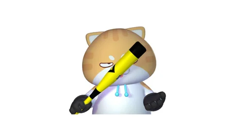 Grumpy 3D Cat Holding Yellow Baseball Bat on White Background  4K Video Stock Footage 302862833