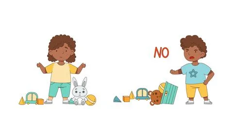 Grumpy African American Boy and Girl with Toys Grizzling Vector Illustration Set Stock Illustration