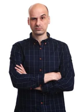 Grumpy bald man raised his eyebrow. Isolated Foto stock