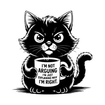 Grumpy black cat holding coffee mug with sarcastic quote Illustrazione stock