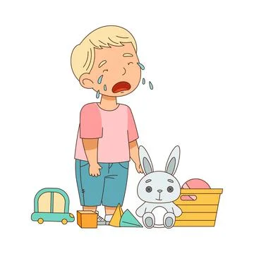 Grumpy Blond Boy Standing Among Toys and Crying Out Loud Vector Illustration Stock Illustration