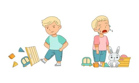 Grumpy Boy Among Toys Crying Out Loud and Kicking Box with Toys Vector Stock Illustration